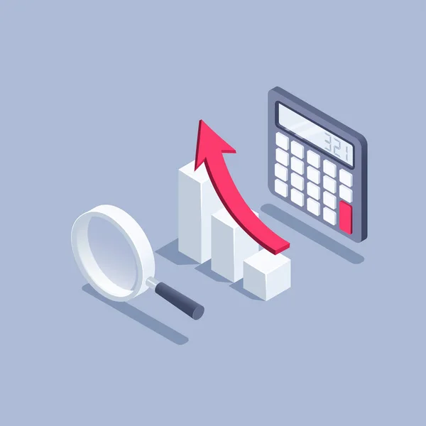 Isometrisk Vektor Illustration Grå Bakgrund Miniräknare Och Diagram Ikon Med — Stock vektor