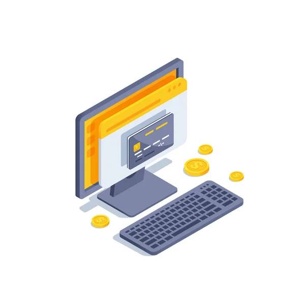 白色背景上的等距矢量图形 屏幕上有一个装有银行卡的浏览器窗口和一个有美元标志的金币的计算机 在线支付 — 图库矢量图片