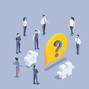 Gri arka planda izometrik vektör çizimi, iş elbiseli erkek ve kadınlar soru işaretiyle bir metin baloncuğunun yanında duruyor, ortak bir sorunu çözüyorlar