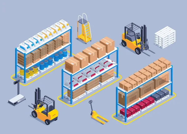 Gri Arkaplanda Izometrik Vektör Çizimi Bir Depoda Çalışmak Kutu Kutularla — Stok Vektör