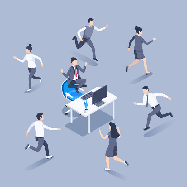 Изометрическая векторная иллюстрация на сером фоне, человек в деловом костюме спокойно сидит в позе лотоса над своим рабочим местом, люди суетливо бегают по офису, работая медитацией