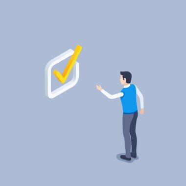 Gri arkaplandaki izometrik vektör çizimi, bir adam özel bir kutuya işaret koyar, onay veya oy