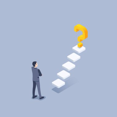 Gri arkaplanda izometrik vektör çizimi, takım elbiseli bir adam basamakların önünde duruyor ve bir soru işareti, bir hedef belirle
