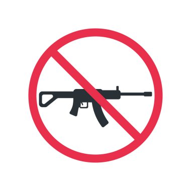 Düz vektör çizimi beyaz arkaplanda izole edildi, makineli tüfekli yasaklama işareti simgesi, silah getirilmesi yasak