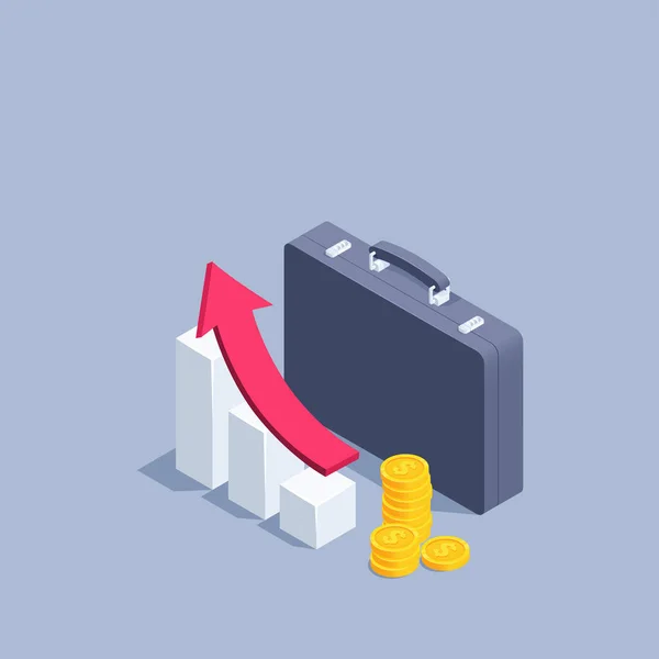Isometrisk Vektor Illustration Grå Bakgrund Affärsportfölj Bredvid Diagrammet Och Pilen — Stock vektor