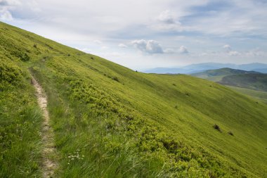 Yeşil dağlar ve mavi bulutlu gökyüzü