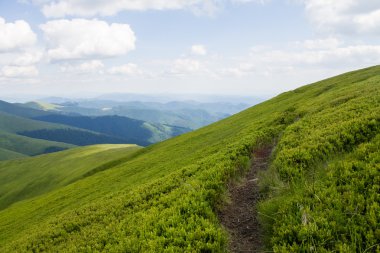 Yeşil dağlar ve mavi bulutlu gökyüzü