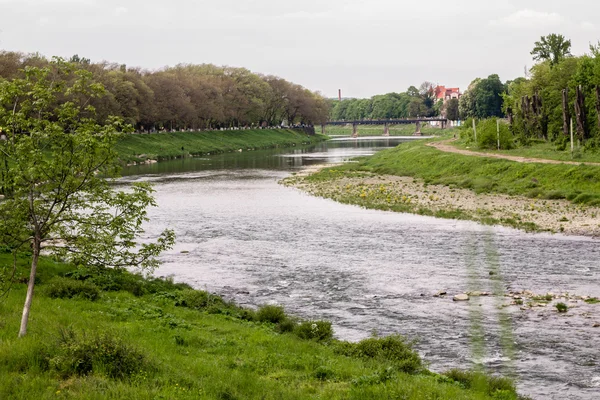 Fluxo de rio na cidade e grama verde em bancos — Fotografia de Stock