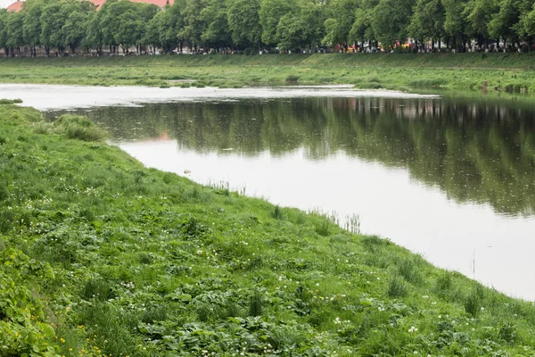 Tok řeky ve městě a zelenou trávu na březích — Stock fotografie
