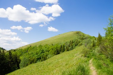 Beyaz bulutların üstünde mavi gökyüzü manzara ile yeşil yaz dağlarda yolu