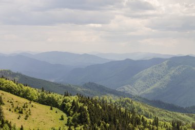 Beyaz bulutların üstünde mavi gökyüzü manzara ile yeşil yaz dağlarda yolu