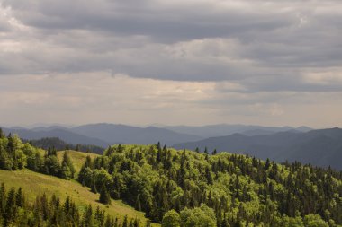Beyaz bulutların üstünde mavi gökyüzü manzara ile yeşil yaz dağlarda yolu