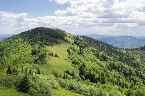 Camino en verdes montañas de verano con nubes blancas en el paisaje del cielo azul — Foto de Stock