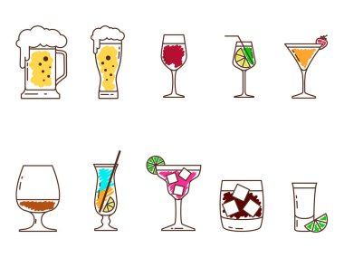 Masa takımı ve farklı alkollü içecek ikonları seti. İkona edilmiş içeceklerin rengi ve rengi. Vektör illüstrasyonu.