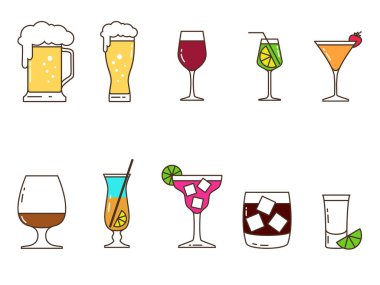 Masa takımı ve farklı alkollü içecek ikonları seti. İkona edilmiş içeceklerin rengi ve rengi. Vektör illüstrasyonu.