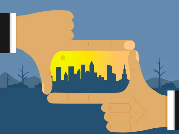 The architect s hands show a new city in the future on a deserted, deserted place. The concept of building modern cities on free plots of land. Vector illustration.