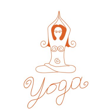 Doğrusal çizim yapan kadın silueti yoga kelimesiyle meşgul..