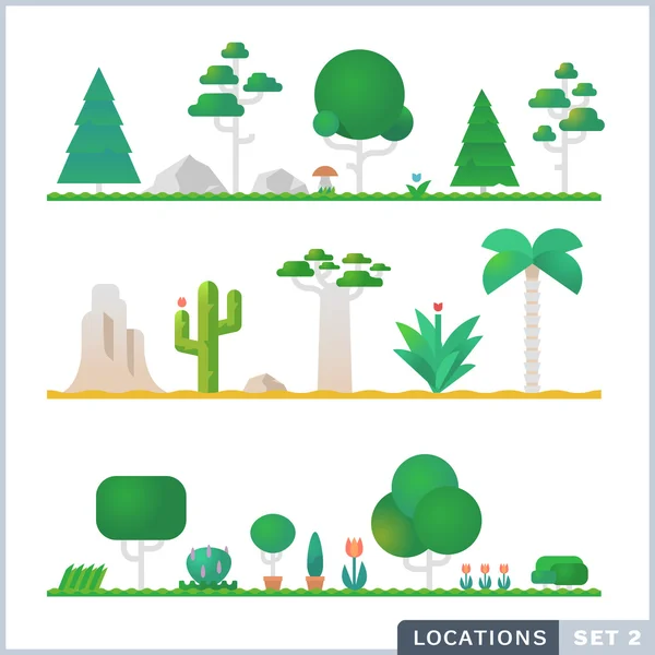 Set of trees, rocks, bushes and grass. — Stock Vector