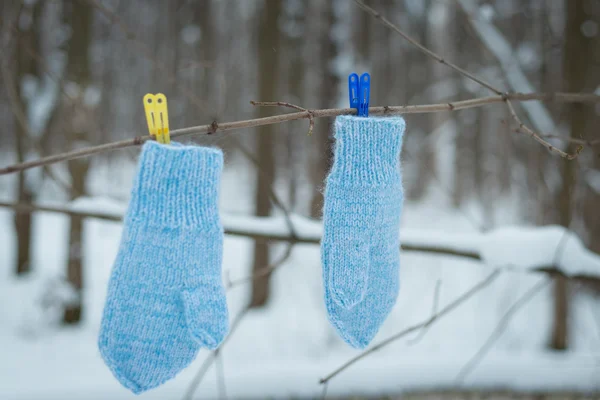 Mittens hanging by a thread in winter outside. Winter symbol.