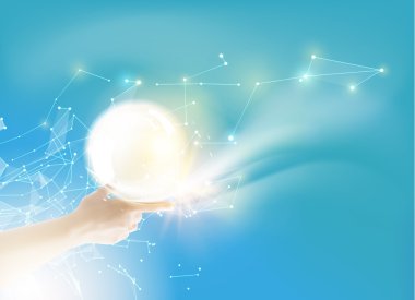 Parlak bir ışık topu üzerinde insan eli.