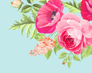 Mavi bir arka plan üzerinde haşhaş çiçekleri demet.