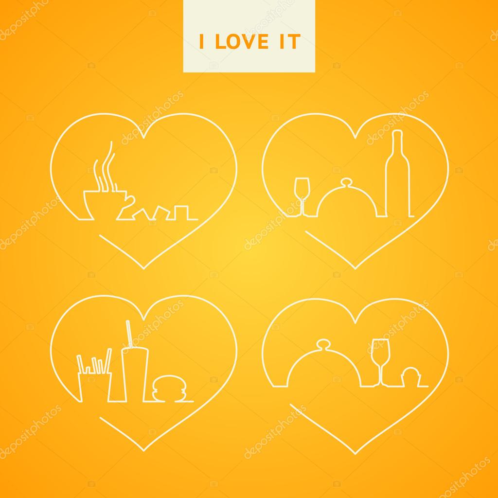 Icons of hearts on the yellow background. A cup of coffee in the heart. Wine bottle and dish at line style design. French fries and a hamburger on the yellow background. Vector illustration.