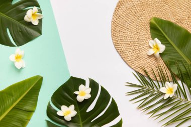 Palmiye yaprakları ve çiçekli tropik bir arka plan..