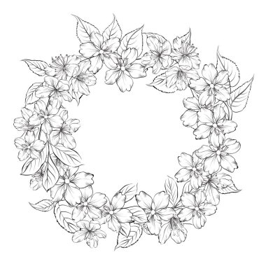 Sakura çiçeğinin ana hatları beyaz arka planda izole edilmiş. Beyaz kiraz çiçeği. Düğün romantik çerçevesi.