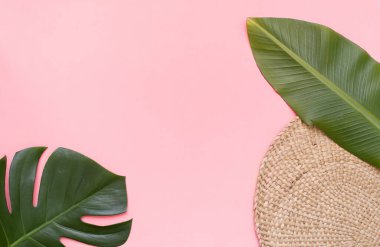Pembe üzerinde palmiye yaprakları olan tropik bir arka plan..