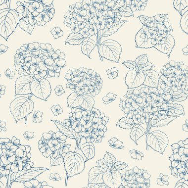 Hydrangea ile kusursuz çiçek desenleri. Vektör illüstrasyonu.
