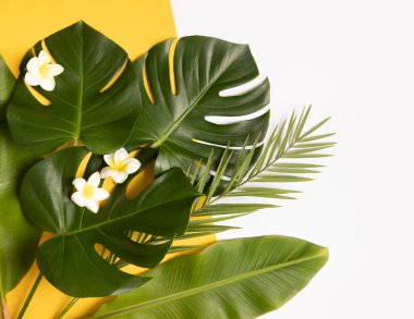 Palmiye yaprakları ve çiçekli tropikal arkaplan.