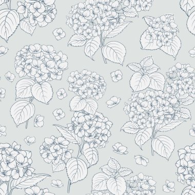 Hydrangea ile kusursuz çiçek desenleri. Vektör illüstrasyonu.