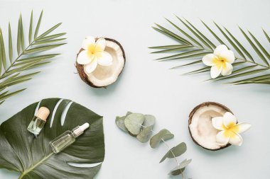 Hindistancevizi yağı ve palmiye yaprağı yağı, arka planda fotokopi alanı olan bir masada. Tropikal yapraklar ve çiçeklerle bezenmiş düz bir yapı..