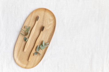 Pamuk arkaplanda fotokopi alanı olan bir masada bambu diş fırçası. Düz yatağın okaliptüs yapraklı biçimli bileşimi .