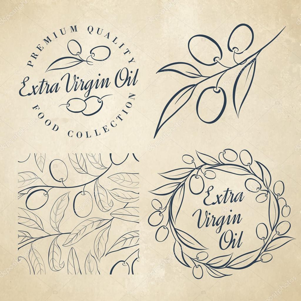 Set of Olive label elements over colored backgrounds. Vector illustration.