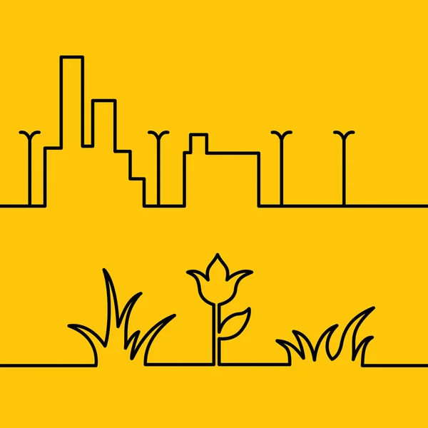 Línea de escena de la ciudad y fondo floral amarillo . — Vector de stock