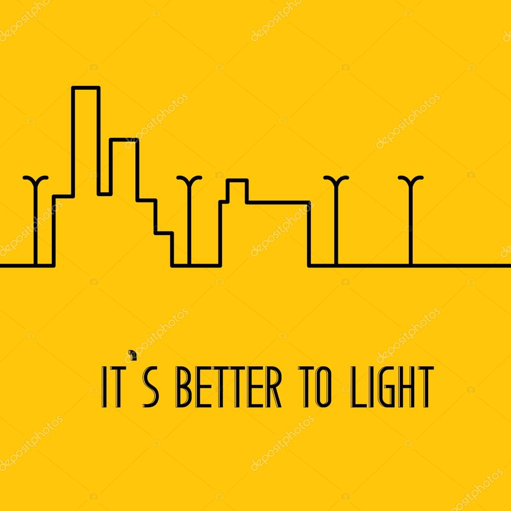 Line city scene. Yellow background with linear design. Vector Street Lamp Isolated on Yellow Background. Street light with lamps near the flat house. Vector illustration