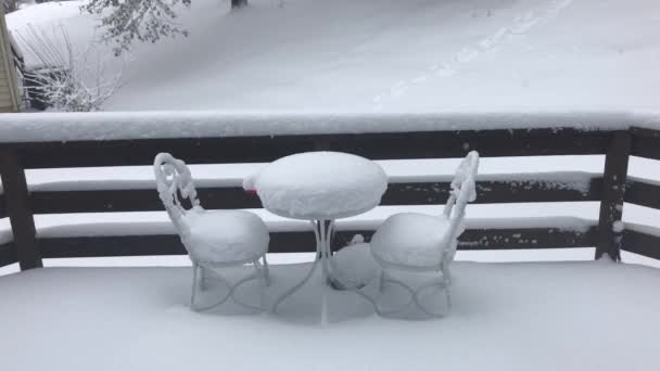 Chutes de neige dans un quartier tranquille de banlieue dans une zone forestière luxuriante en Amérique du Nord en février 2021 — Video