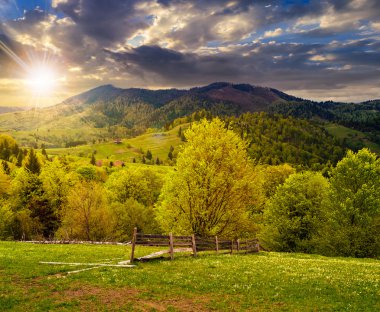 hillside günbatımında dağ çayır çit