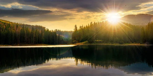 Lake in pine forest near the mountain at sunset — стоковое фото