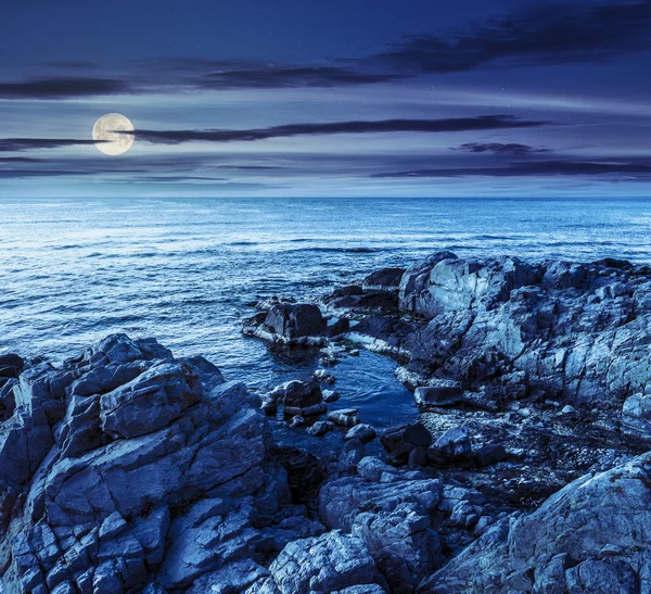 Zee landschap op de rotsachtige kust bij nacht — Stockfoto