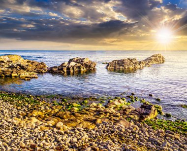 gün batımında deniz yosunu ile kayalık Yalı