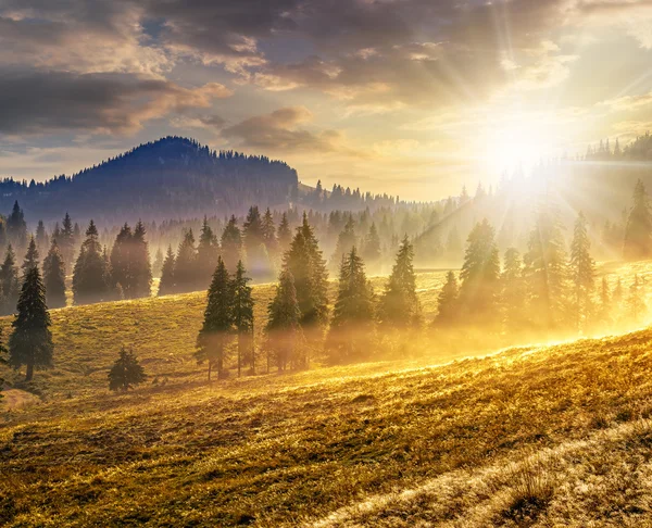 Nebel bei heißem Sonnenaufgang in den Bergen bei Sonnenuntergang — Stockfoto