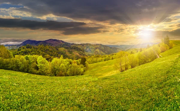 Prado rural com árvores nas montanhas ao pôr do sol — Fotografia de Stock