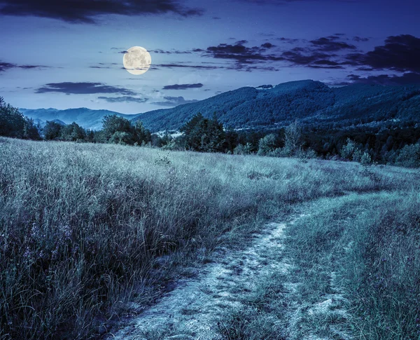 Drogi przez wsi łąka, na zboczu wzgórza w nocy — Zdjęcie stockowe