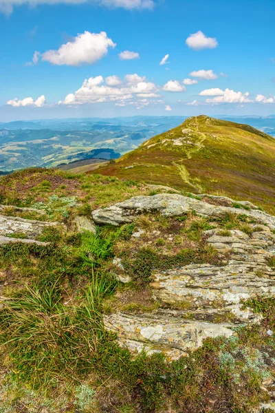 Гірський пейзаж з камінням у траві на схилі пагорба і синій — стокове фото