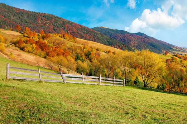 rural landscape in mountains. fence on the hill. scenery in fall colors. beautiful sunny weather with fluffy clouds on the sky
