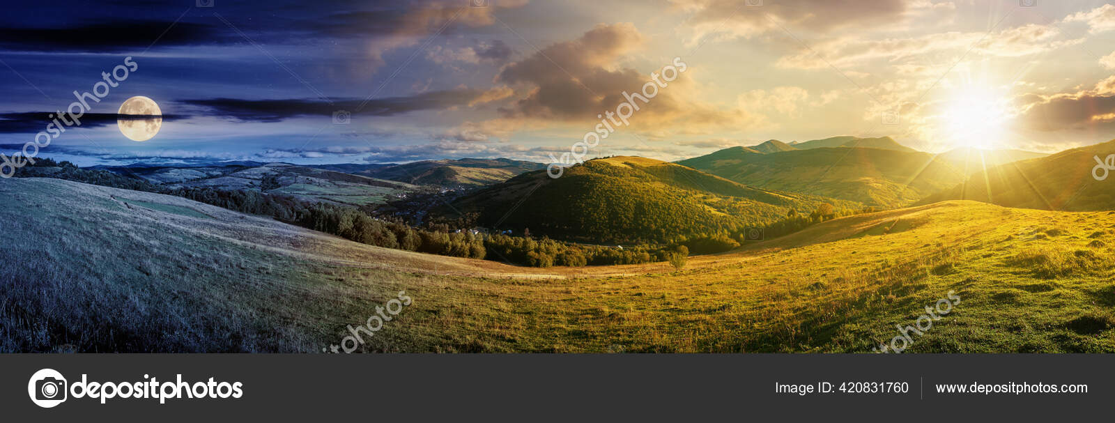 Día Noche Cambio Concepto Por Encima Del Paisaje Rural Montañoso — Foto de  stock #420831760 © pellinni, image size:1600x607