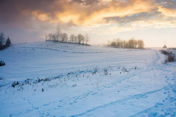 Neblige Landschaft Morgengrauen Schöne Ländliche Landschaft Winter Bäume Auf Schneebedeckten — Stockfoto