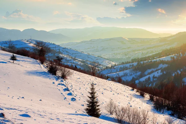 日出时的冬季乡村风景 雪地上的树木和田野覆盖着山丘 远处的山岭 在明亮的蓝天下 乌云密布 — 图库照片